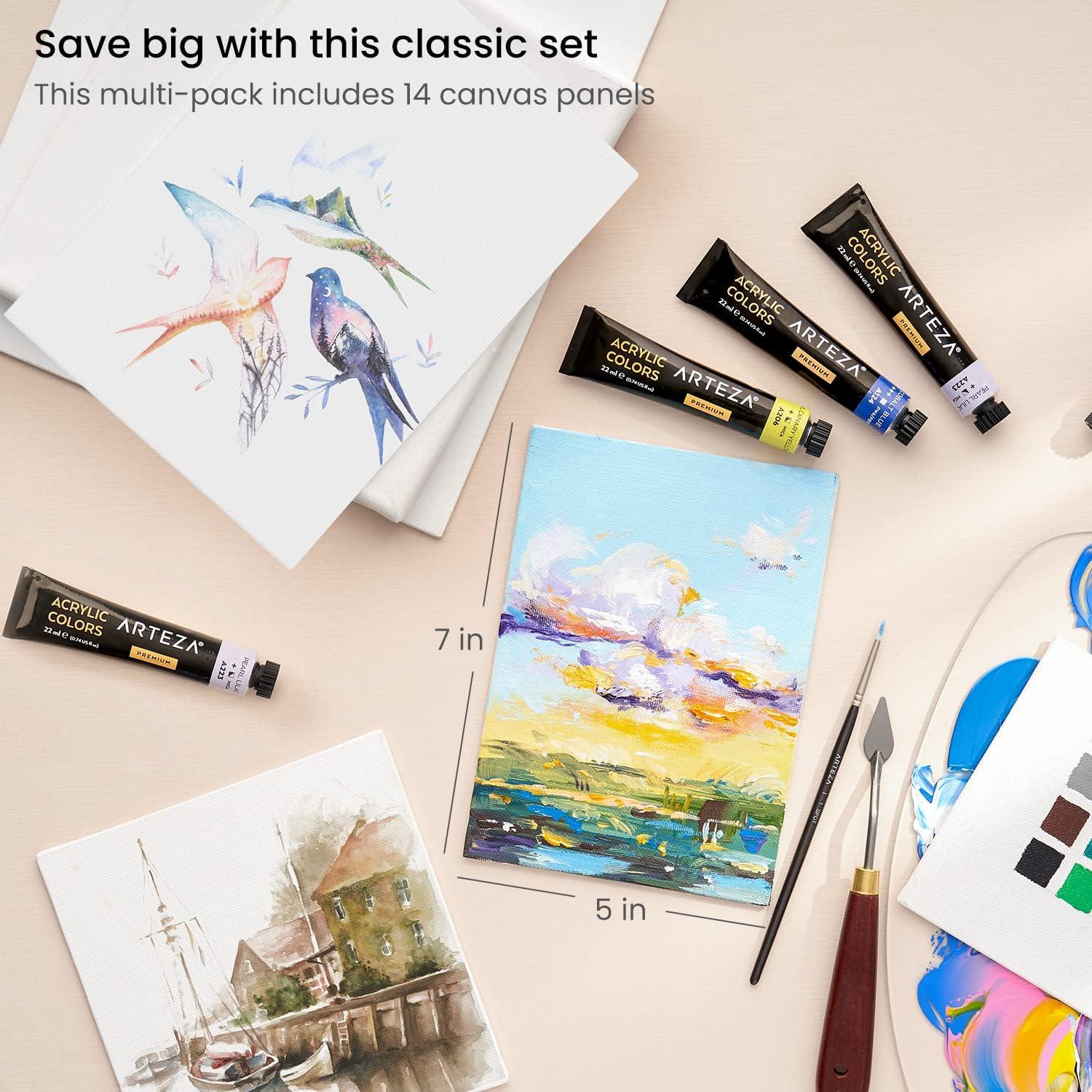 ARTEZA Canvas Boards for Painting, 5 x 7 Inches, Pack of 14, Blank White Small Canvas Panels for Acrylic, Oil and Gouache Painting(5 x 7 (Pack of 14))