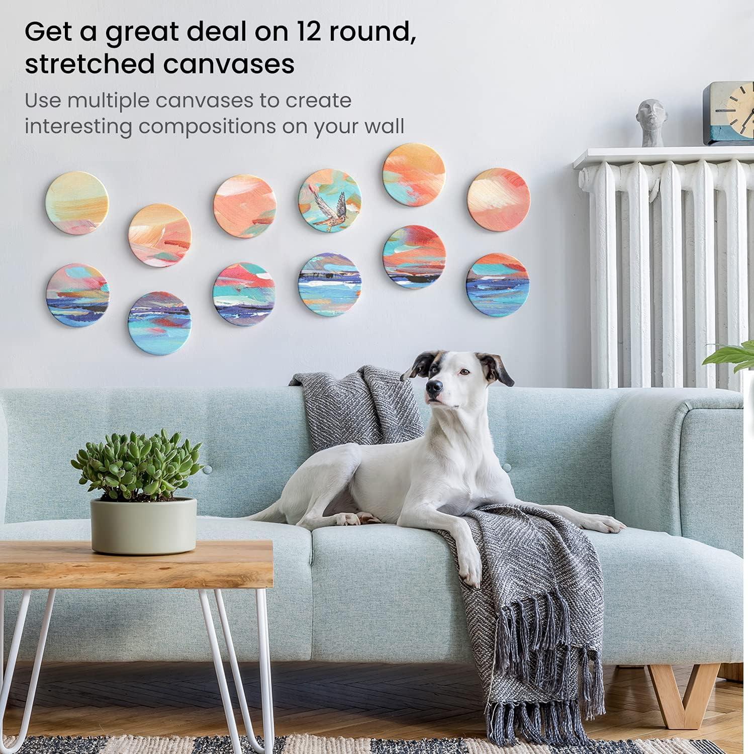ARTEZA Round Stretched Canvas, 6 Inch Diameter, Pack of 12, Blank White Canvas Boards for Acrylic, Oil and Gouache Painting(6 inch)