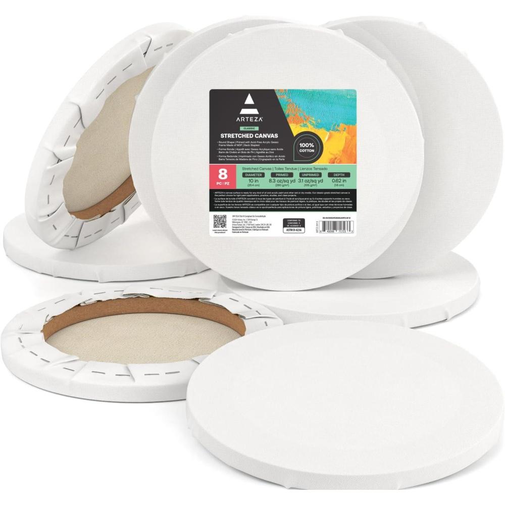 ARTEZA Round Stretched Canvas, 6 Inch Diameter, Pack of 12, Blank White Canvas Boards for Acrylic, Oil and Gouache Painting(10 Inch)