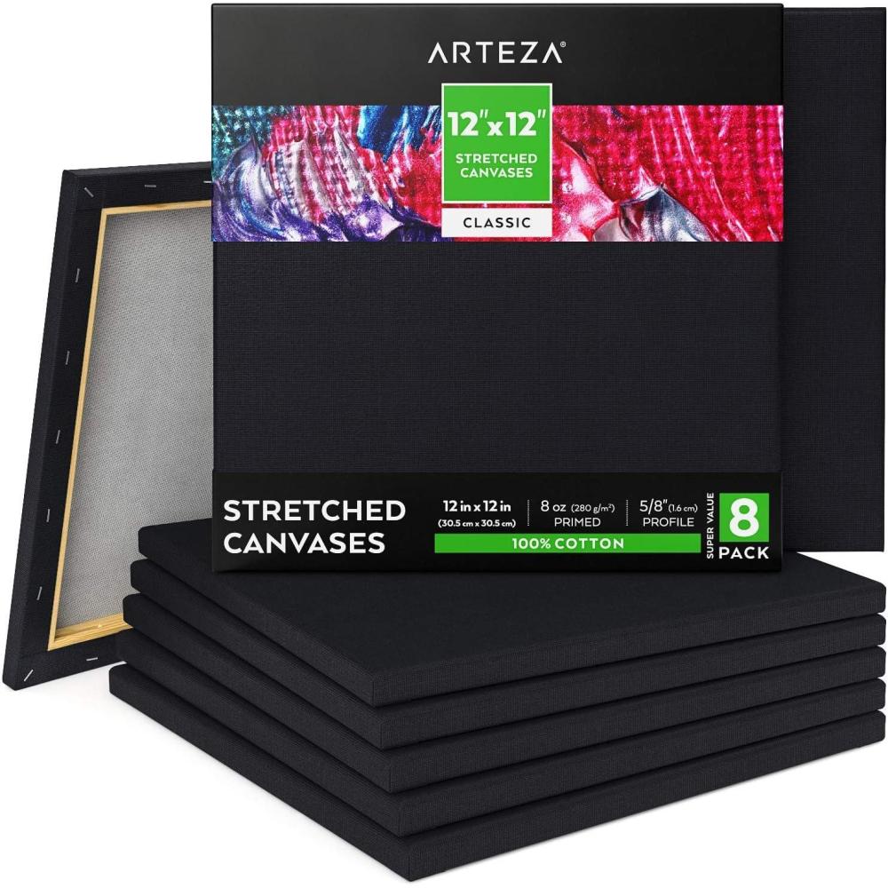 Arteza Paint Canvases for Painting, Pack of 8, 12 x 12 Inches, Square Black Canvas Bulk, 100% Cotton Stretched Canvas, 8 oz Gesso-Primed, Art Supplies for Adults, for Acrylic Pouring and Oil Painting