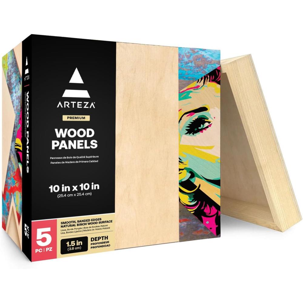 ARTEZA Wooden Canvas Board, 9×12 Inch, Pack of 5 | Cradled Birch Wood Panels for Painting, Acrylic Pouring, Encaustic Art & Wood Burning(10×10 Inch)