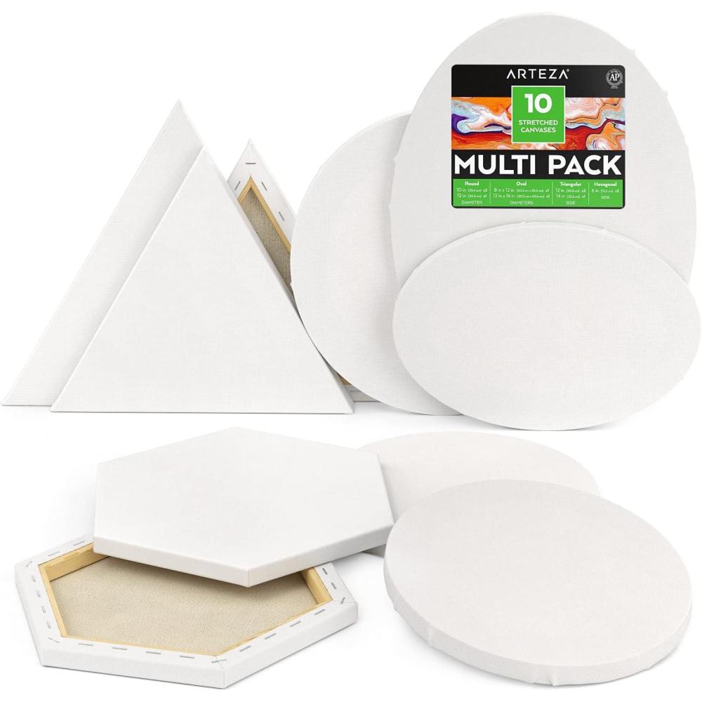 ARTEZA Stretched Canvas, Multipack of 10, Round, Oval, Triangle, and Hexagonal Canvas, Blank White Canvas Boards for Acrylic, Oil and Gouache Painting(Large)