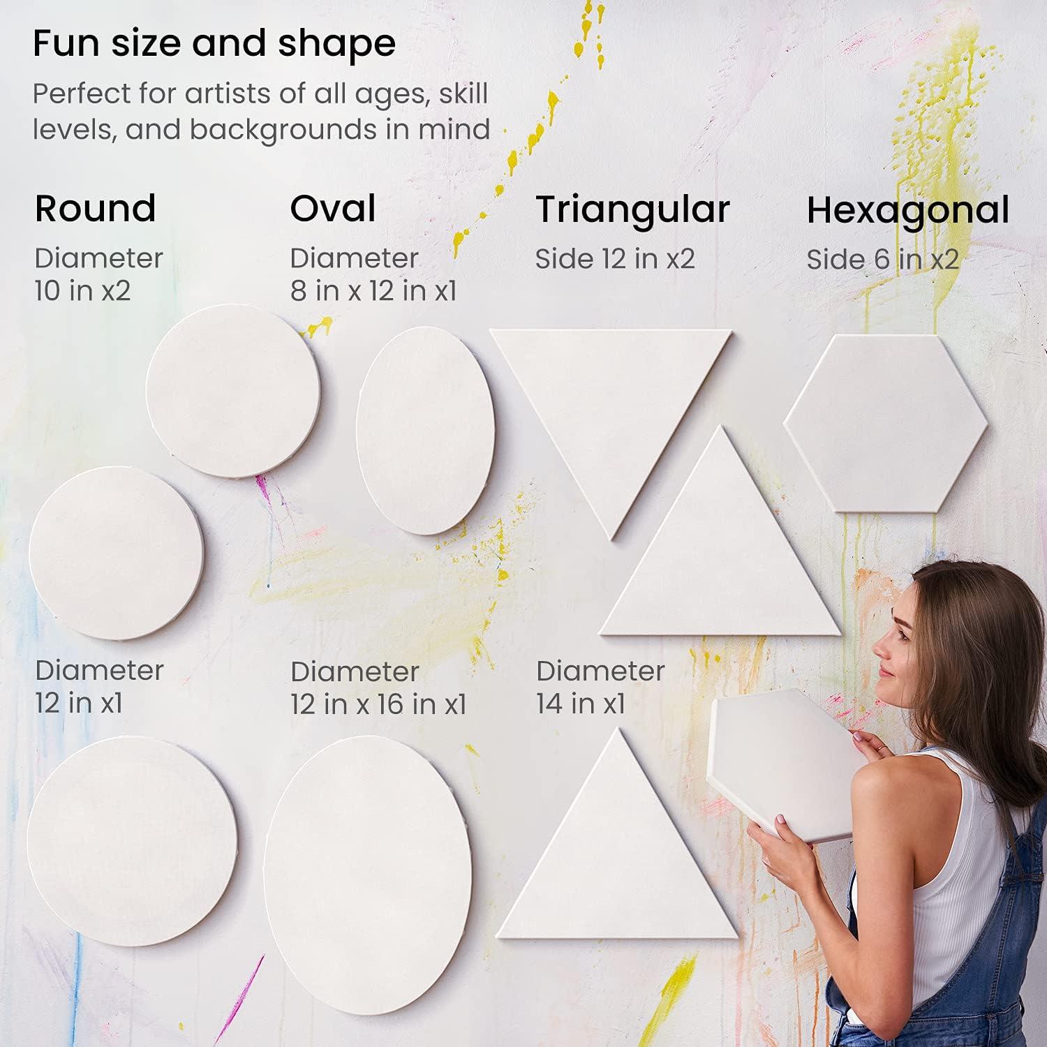 ARTEZA Stretched Canvas, Multipack of 10, Round, Oval, Triangle, and Hexagonal Canvas, Blank White Canvas Boards for Acrylic, Oil and Gouache Painting(Large)