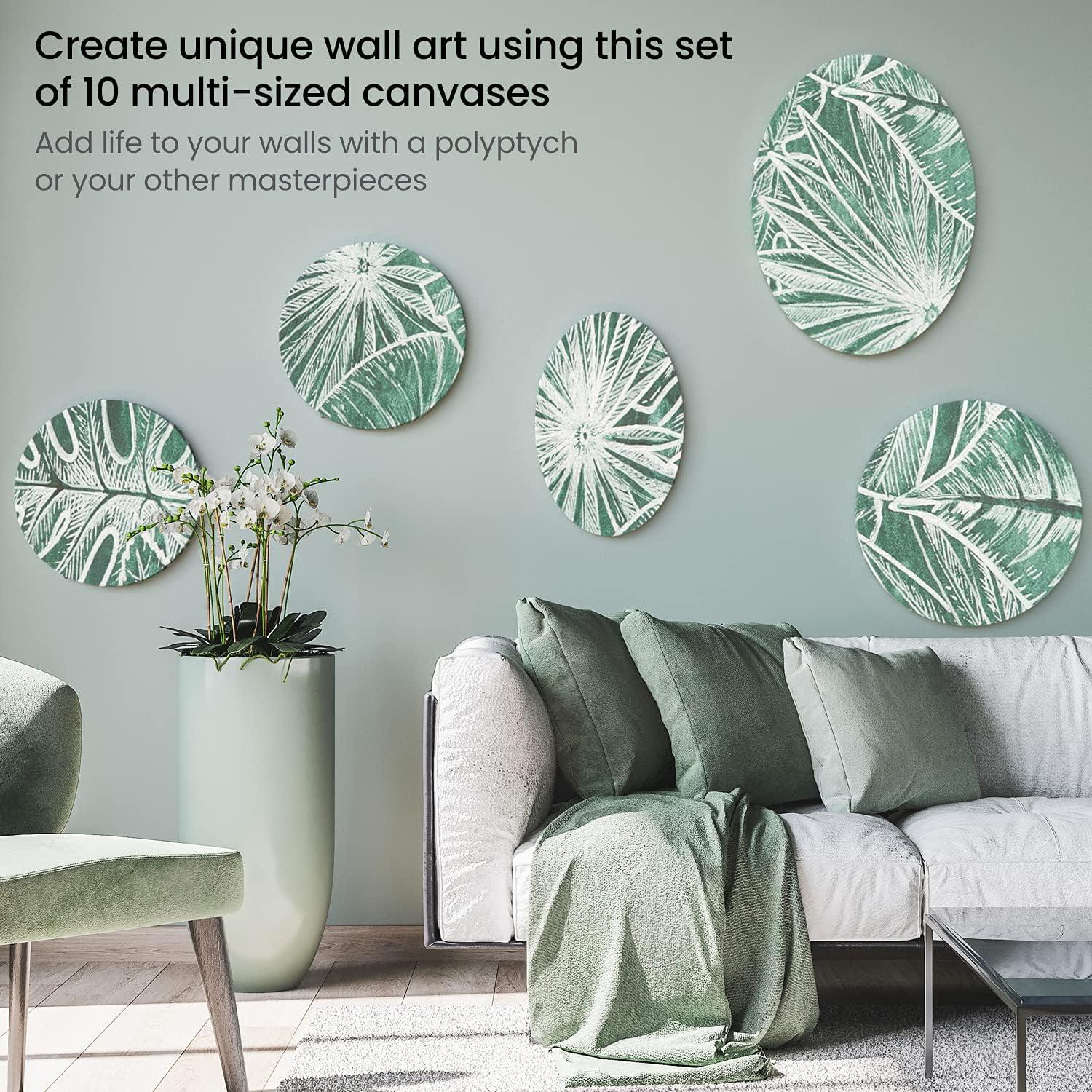 ARTEZA Stretched Canvas, Multipack of 10, Round, Oval, Triangle, and Hexagonal Canvas, Blank White Canvas Boards for Acrylic, Oil and Gouache Painting(Large)