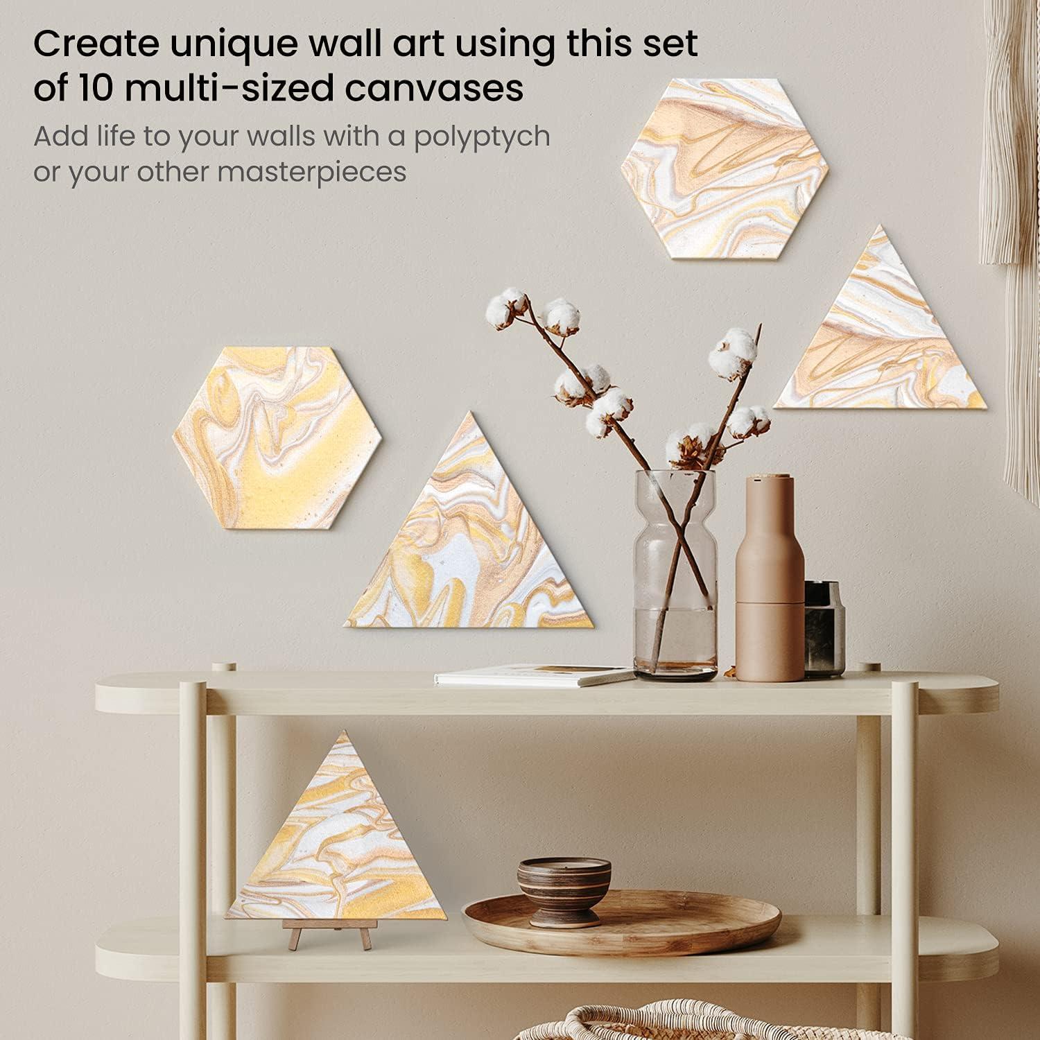 ARTEZA Stretched Canvas, Multipack of 10, Round, Oval, Triangle, and Hexagonal Canvas, Blank White Canvas Boards for Acrylic, Oil and Gouache Painting(Large)