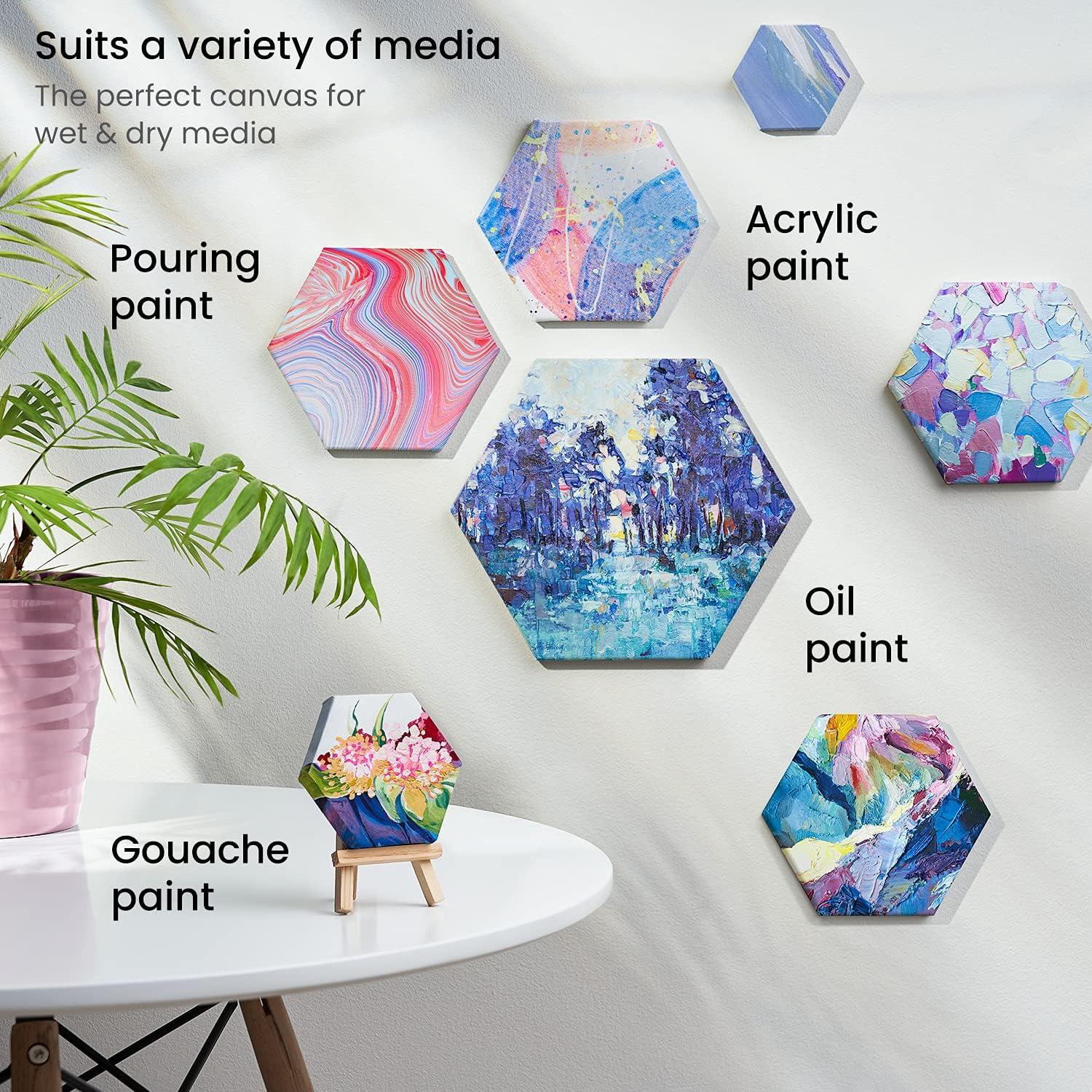 ARTEZA Hexagonal Stretched Canvas, 6 Inch Side, Pack of 9, Blank White Canvas Boards for Acrylic, Oil and Gouache Painting(4 inch)