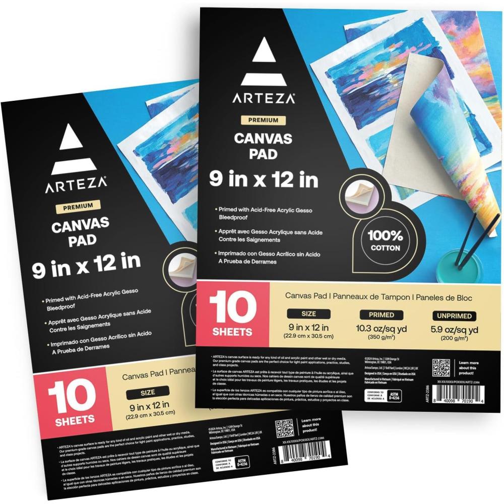 ARTEZA Canvas Pad 9×12 Inches Pack of 1 – 10 Glue-Bound Sheets of Pre-Primed Canvas Paper for Acrylic, Oil and Mixed Media Painting(9 x 12 (Pack of 2))