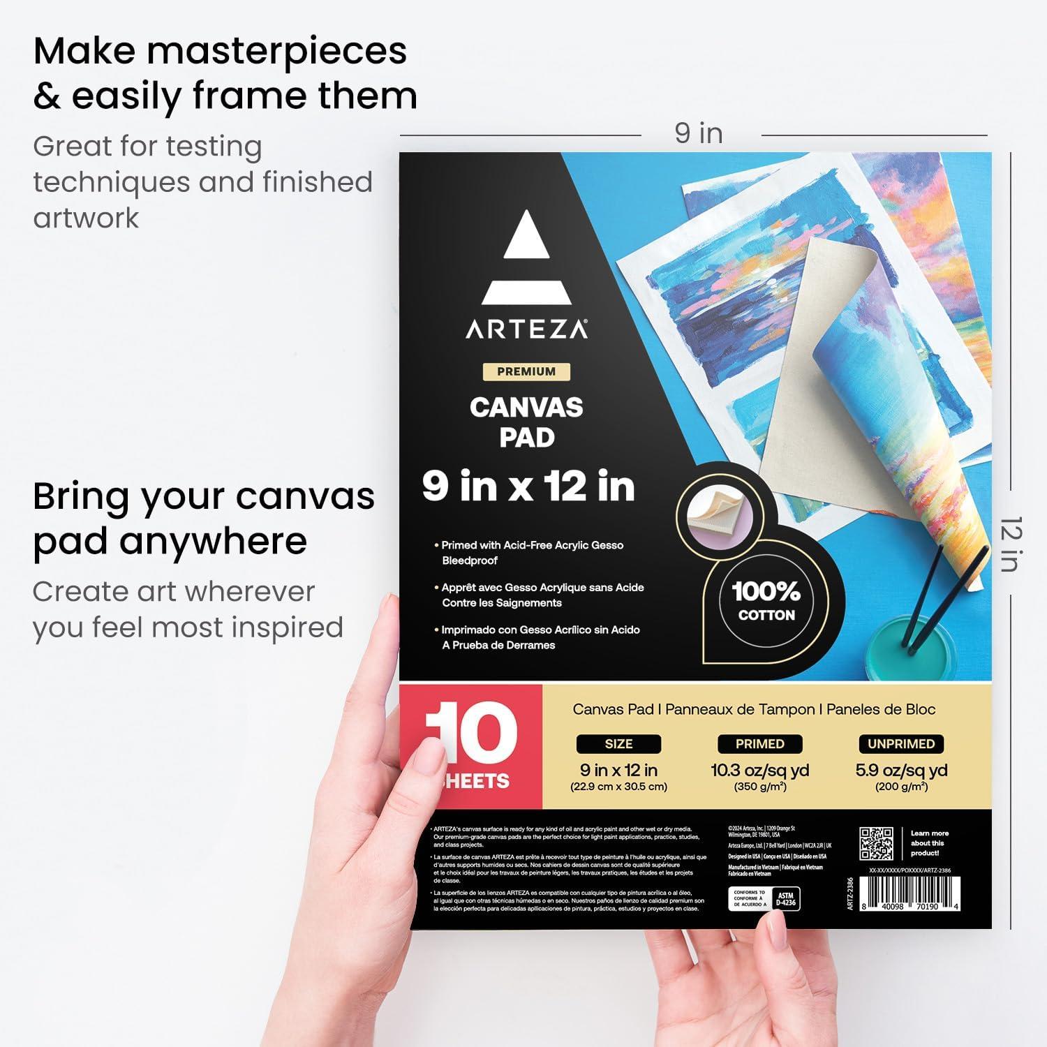 ARTEZA Canvas Pad 9×12 Inches Pack of 1 – 10 Glue-Bound Sheets of Pre-Primed Canvas Paper for Acrylic, Oil and Mixed Media Painting(9 x 12 (Pack of 2))