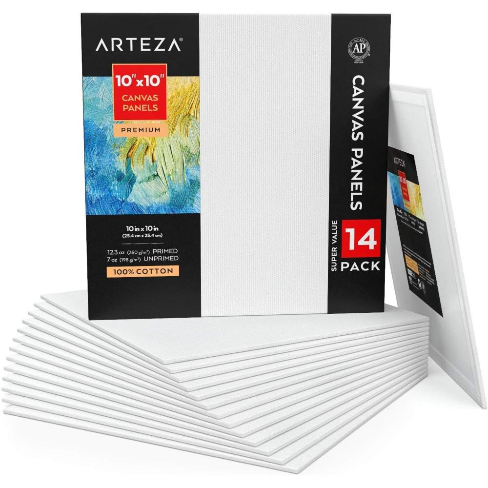 ARTEZA Canvas Boards for Painting, 8 x 10 Inches, Pack of 28, Blank White Canvas Panels for Acrylic, Oil and Gouache Painting(10 x 10 (Pack of 14))