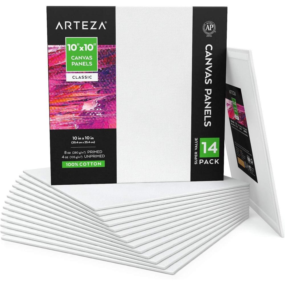ARTEZA Canvas Boards for Painting, 5 x 7 Inches, Pack of 14, Blank White Small Canvas Panels for Acrylic, Oil and Gouache Painting(10″x10″)