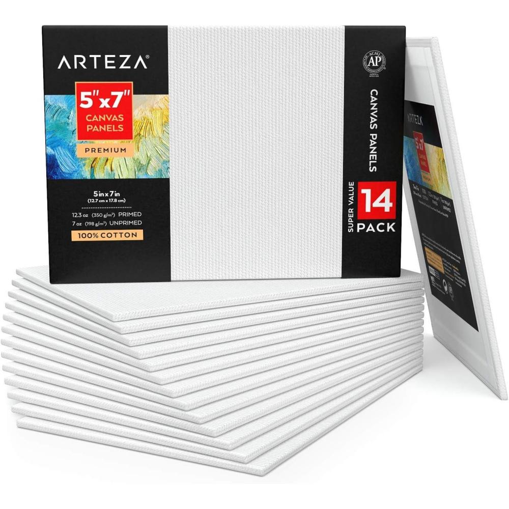 Arteza Canvas Boards for Painting, Pack of 14, 5 x 7 Inches, Blank White Canvas Panels, 100% Cotton, 12.3 oz Gesso-Primed, Art Supplies for Acrylic Pouring and Oil Painting