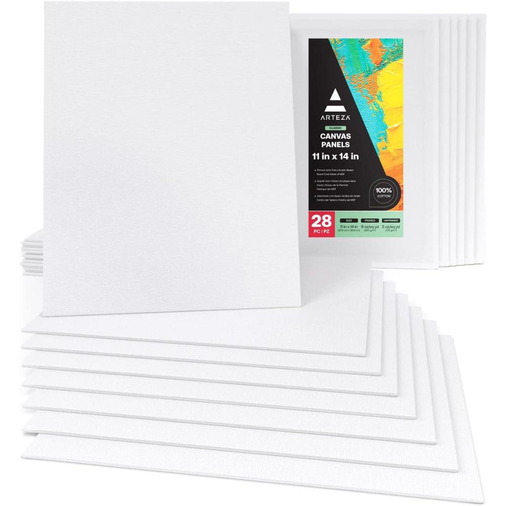 ARTEZA Canvas Boards for Painting, 8 x 10 Inches, Pack of 28, Blank White Canvas Panels for Acrylic, Oil and Gouache Painting(11 x 14 (Pack of 28))