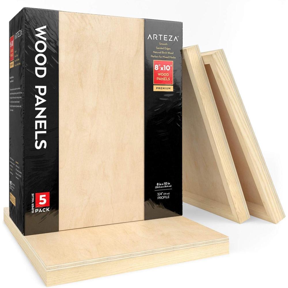 ARTEZA Wooden Canvas Board, 9×12 Inch, Pack of 5 | Cradled Birch Wood Panels for Painting, Acrylic Pouring, Encaustic Art & Wood Burning(8×10 Inch)
