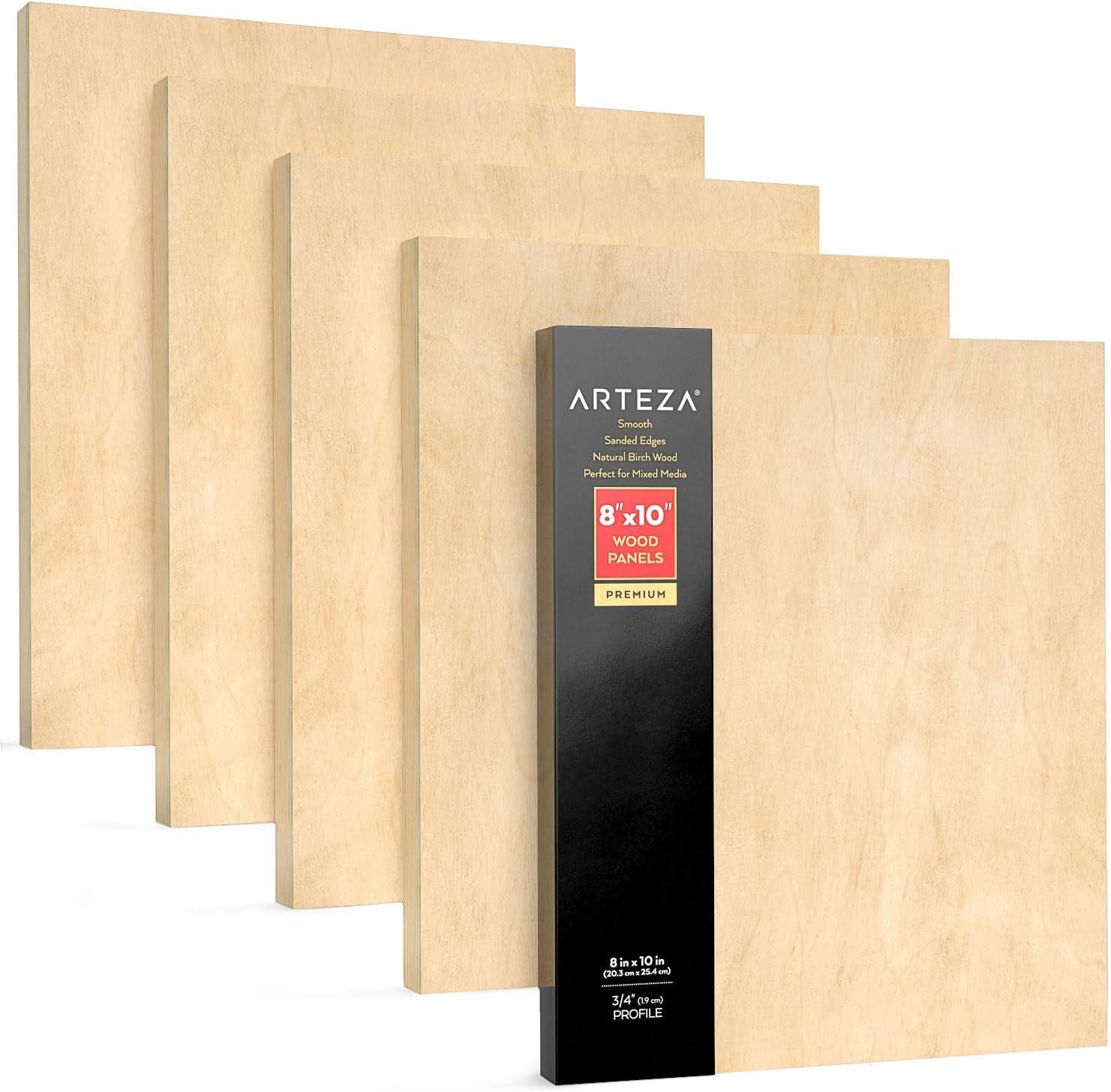 ARTEZA Wooden Canvas Board, 9×12 Inch, Pack of 5 | Cradled Birch Wood Panels for Painting, Acrylic Pouring, Encaustic Art & Wood Burning(8×10 Inch)
