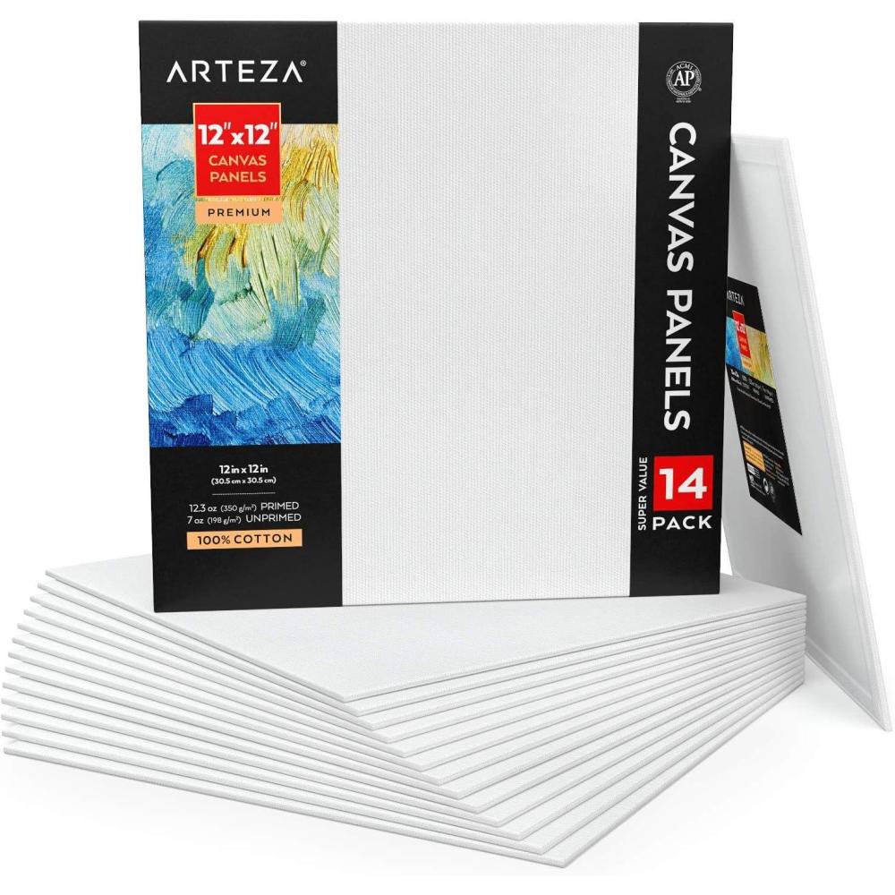 ARTEZA Canvas Boards for Painting, 8 x 10 Inches, Pack of 28, Blank White Canvas Panels for Acrylic, Oil and Gouache Painting(12″x12″)
