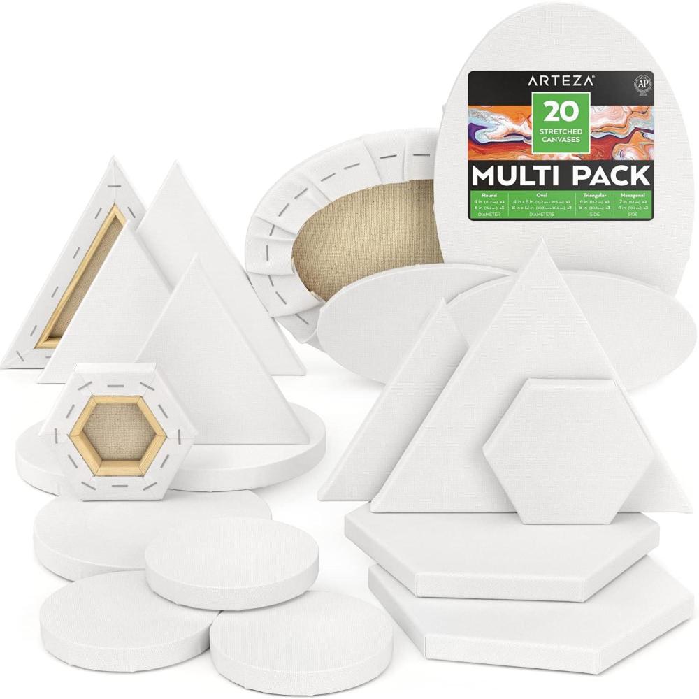 ARTEZA Stretched Canvas, Multipack of 10, Round, Oval, Triangle, and Hexagonal Canvas, Blank White Canvas Boards for Acrylic, Oil and Gouache Painting(Multipack of 20)