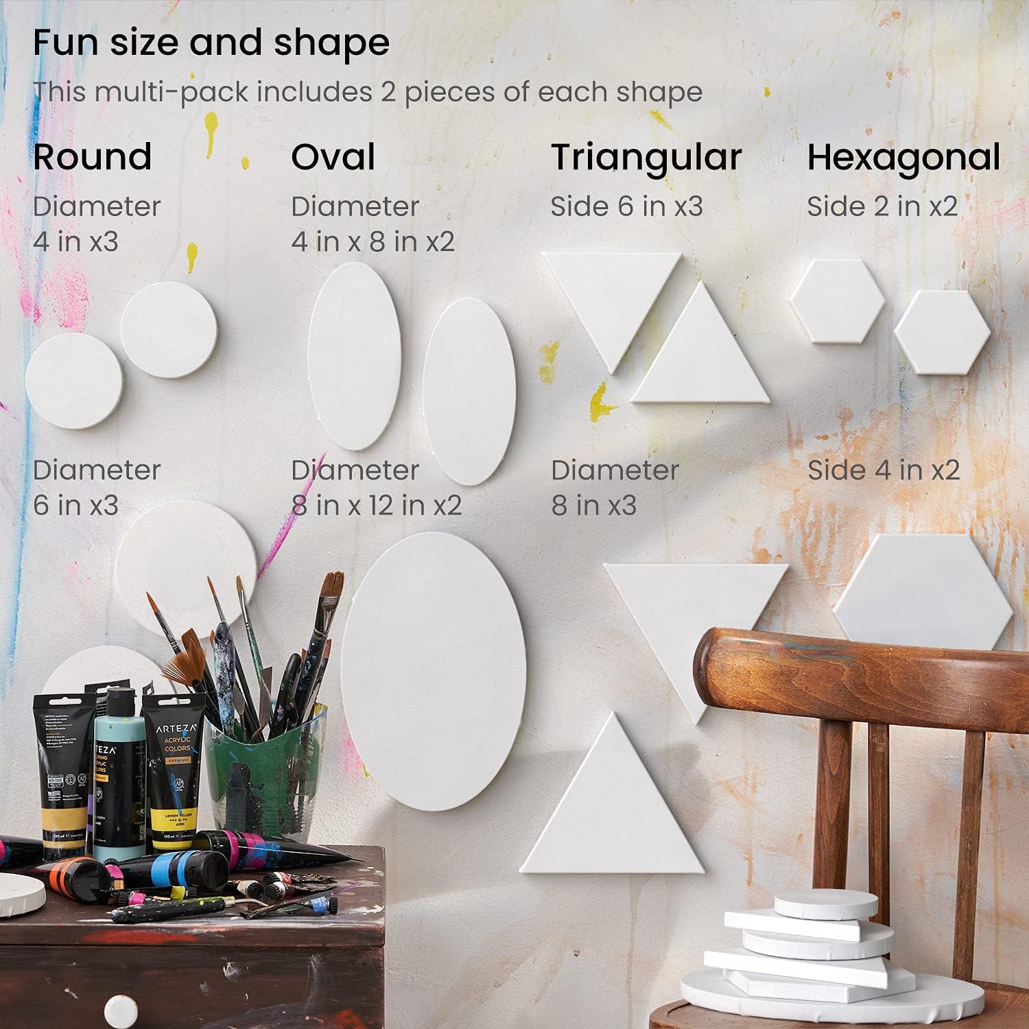 ARTEZA Stretched Canvas, Multipack of 10, Round, Oval, Triangle, and Hexagonal Canvas, Blank White Canvas Boards for Acrylic, Oil and Gouache Painting(Multipack of 20)