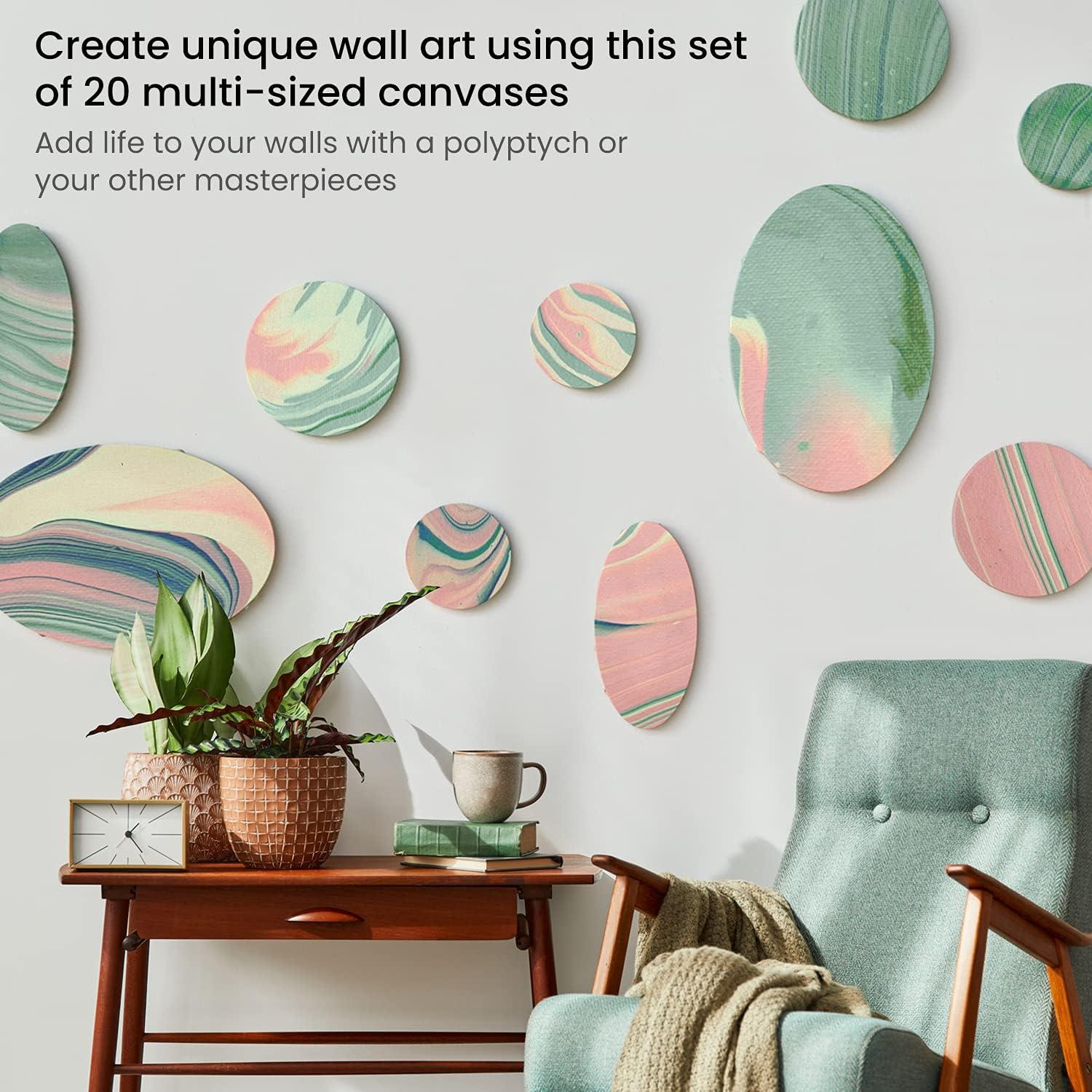 ARTEZA Stretched Canvas, Multipack of 10, Round, Oval, Triangle, and Hexagonal Canvas, Blank White Canvas Boards for Acrylic, Oil and Gouache Painting(Multipack of 20)
