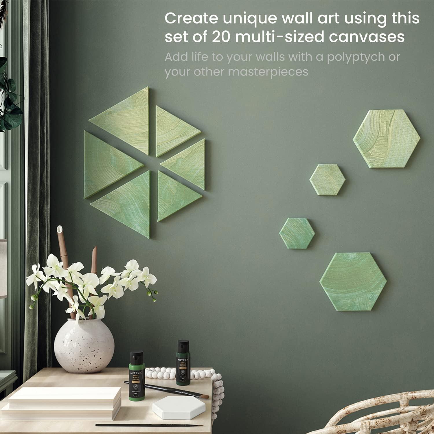 ARTEZA Stretched Canvas, Multipack of 10, Round, Oval, Triangle, and Hexagonal Canvas, Blank White Canvas Boards for Acrylic, Oil and Gouache Painting(Multipack of 20)