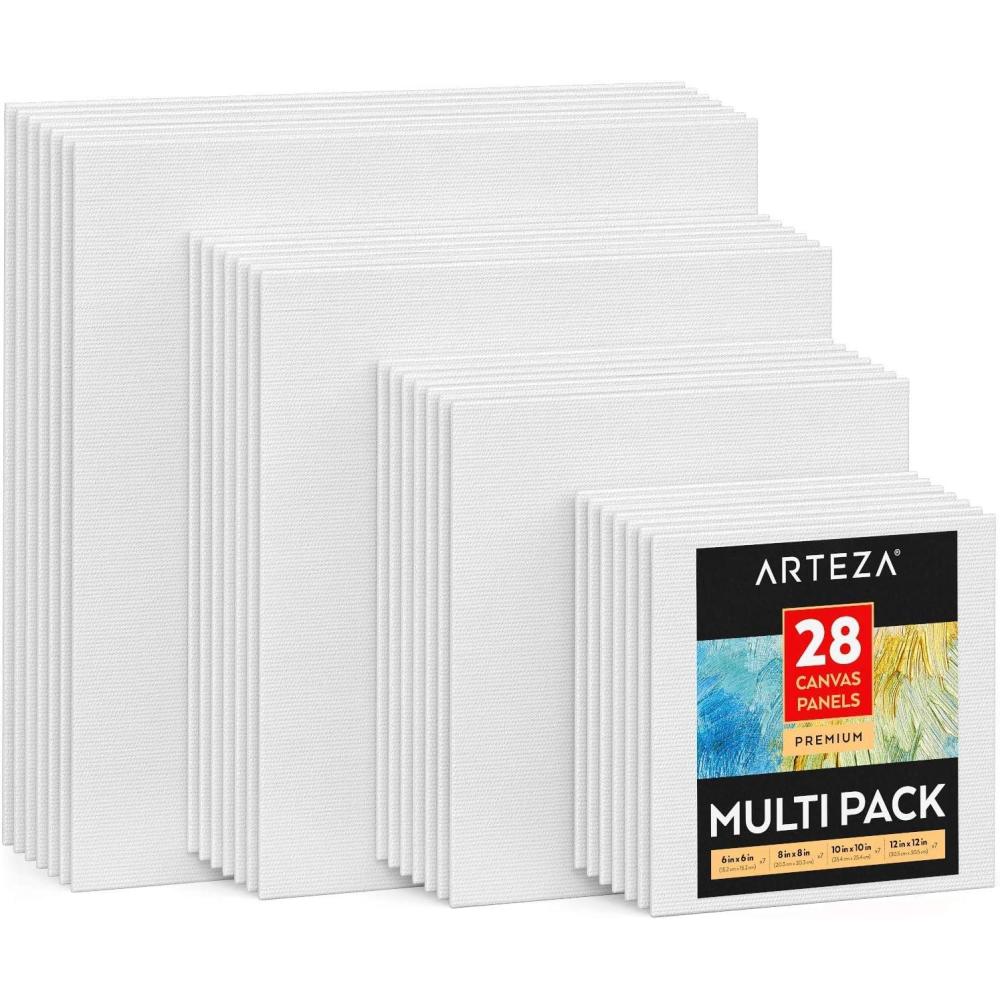 ARTEZA Canvas Boards for Painting, 8 x 10 Inches, Pack of 28, Blank White Canvas Panels for Acrylic, Oil and Gouache Painting(Multi-pack (Square Premium))