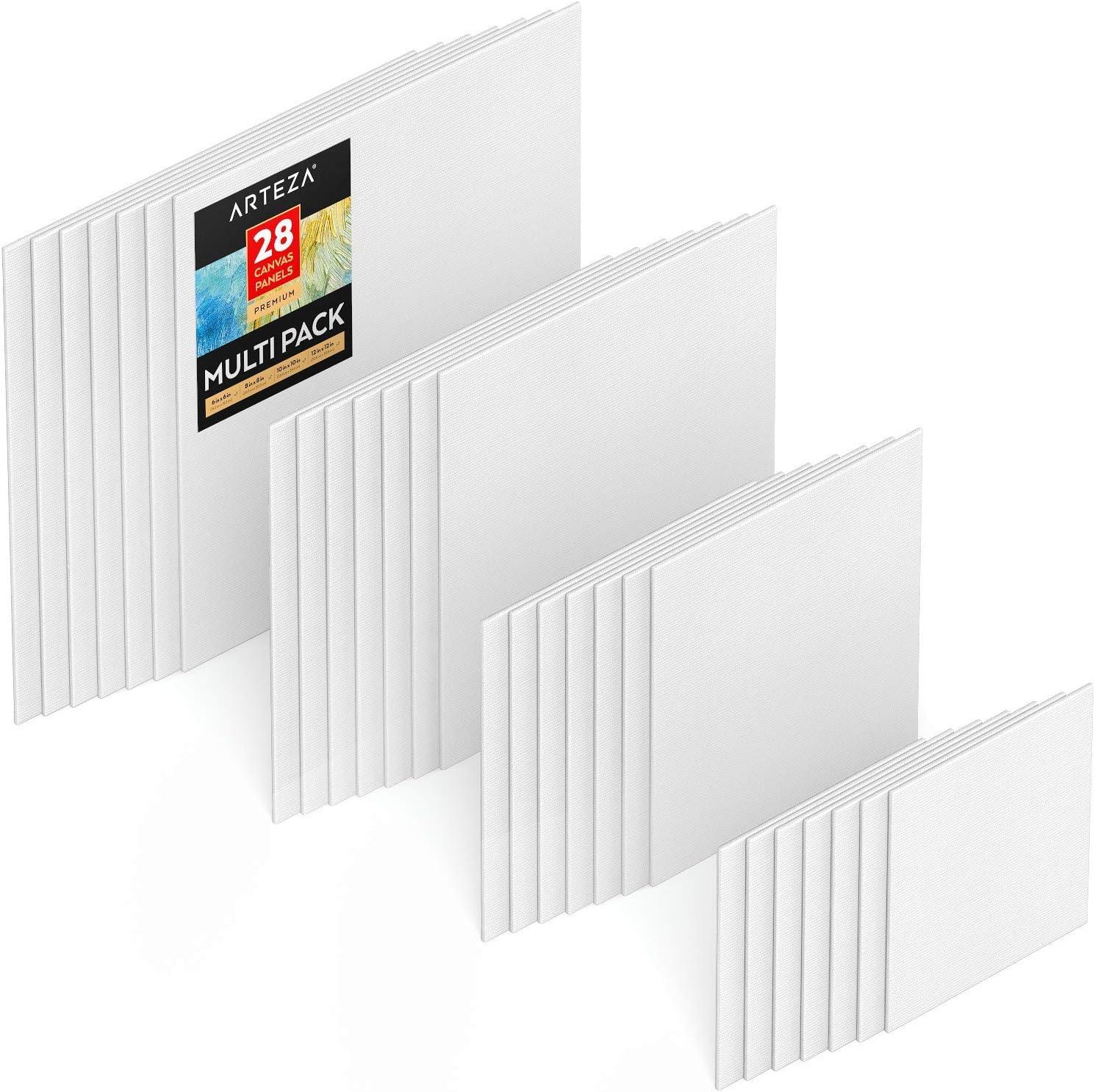 ARTEZA Canvas Boards for Painting, 8 x 10 Inches, Pack of 28, Blank White Canvas Panels for Acrylic, Oil and Gouache Painting(Multi-pack (Square Premium))