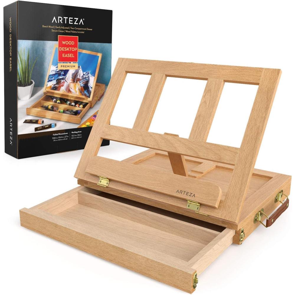 ARTEZA Tabletop Easel 13.4×10.3×2 Inches, Portable Beechwood Easel Box with Drawer & Palette for Artists(Adjustable Leather Painting)