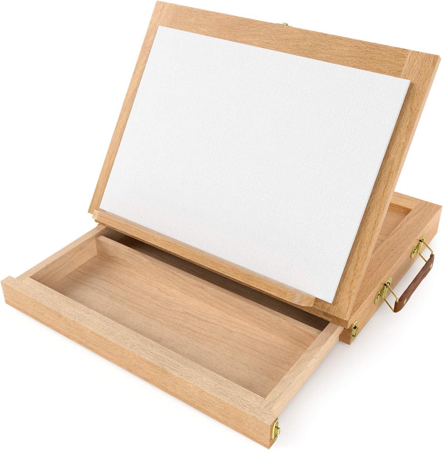 ARTEZA Tabletop Easel 13.4×10.3×2 Inches, Portable Beechwood Easel Box with Drawer & Palette for Artists(Adjustable Leather Painting)