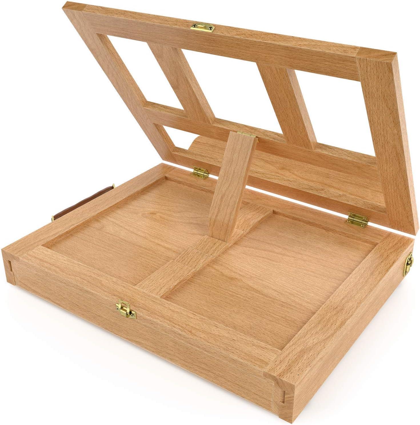 ARTEZA Tabletop Easel 13.4×10.3×2 Inches, Portable Beechwood Easel Box with Drawer & Palette for Artists(Adjustable Leather Painting)