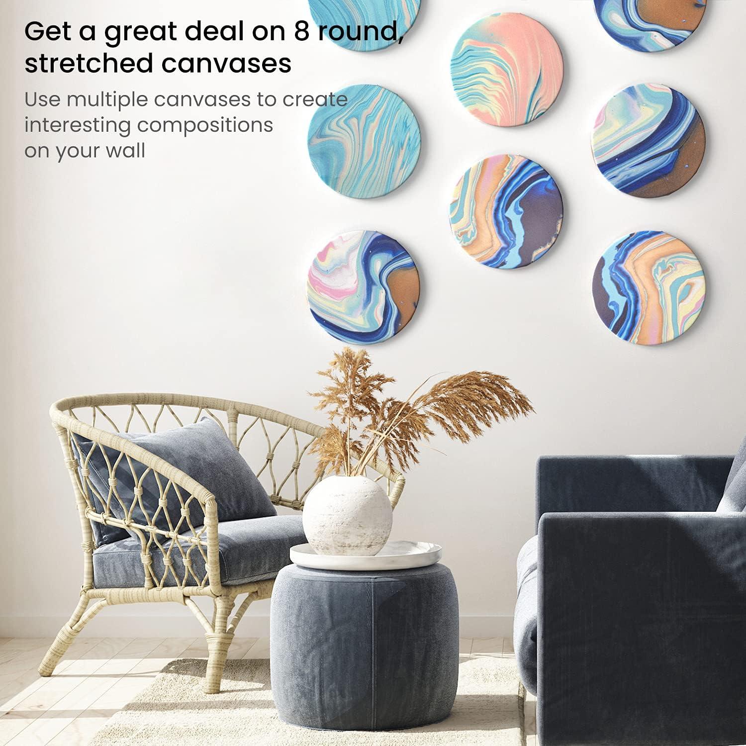 ARTEZA Round Stretched Canvas, 8 Inch Diameter, Pack of 10, Blank White Canvas Boards for Acrylic, Oil and Gouache Painting(10 Inch)