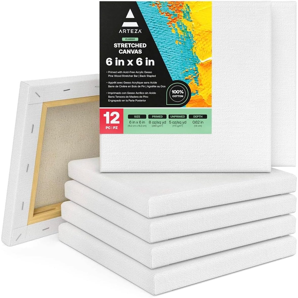 Arteza Paint Canvases for Painting, Pack of 12, 8 x 10 Inches, Blank White Stretched Canvas Bulk, 100% Cotton, 12.3 oz Gesso-Primed, Art Supplies for Adults and Teens, Acrylic Pouring and Oil Painting(White – Classic)