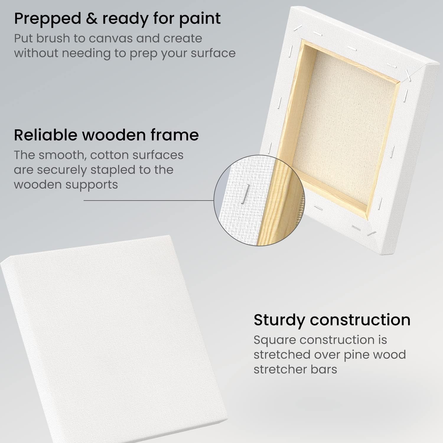 Arteza Paint Canvases for Painting, Pack of 12, 8 x 10 Inches, Blank White Stretched Canvas Bulk, 100% Cotton, 12.3 oz Gesso-Primed, Art Supplies for Adults and Teens, Acrylic Pouring and Oil Painting(White – Classic)