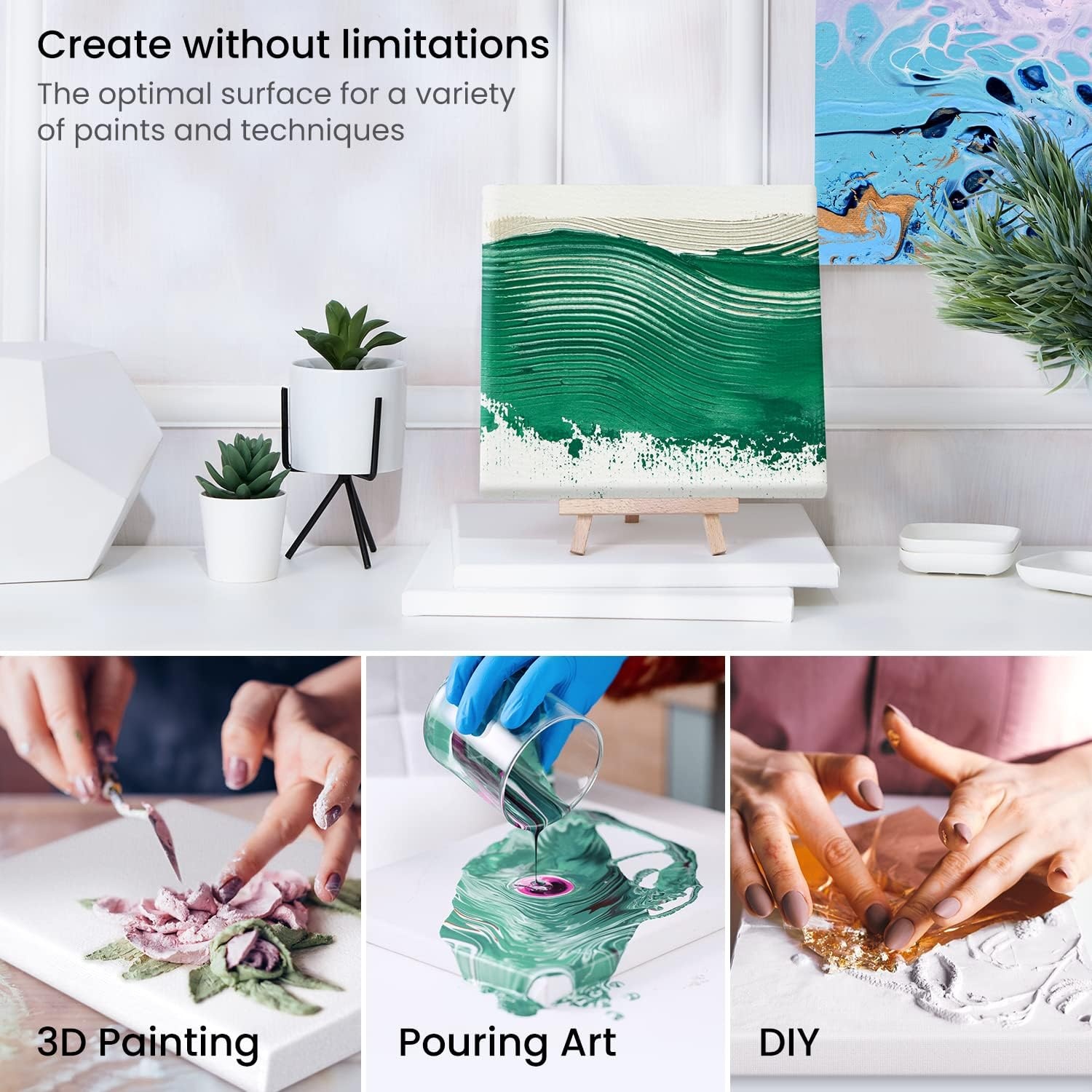 Arteza Paint Canvases for Painting, Pack of 12, 8 x 10 Inches, Blank White Stretched Canvas Bulk, 100% Cotton, 12.3 oz Gesso-Primed, Art Supplies for Adults and Teens, Acrylic Pouring and Oil Painting(White – Classic)