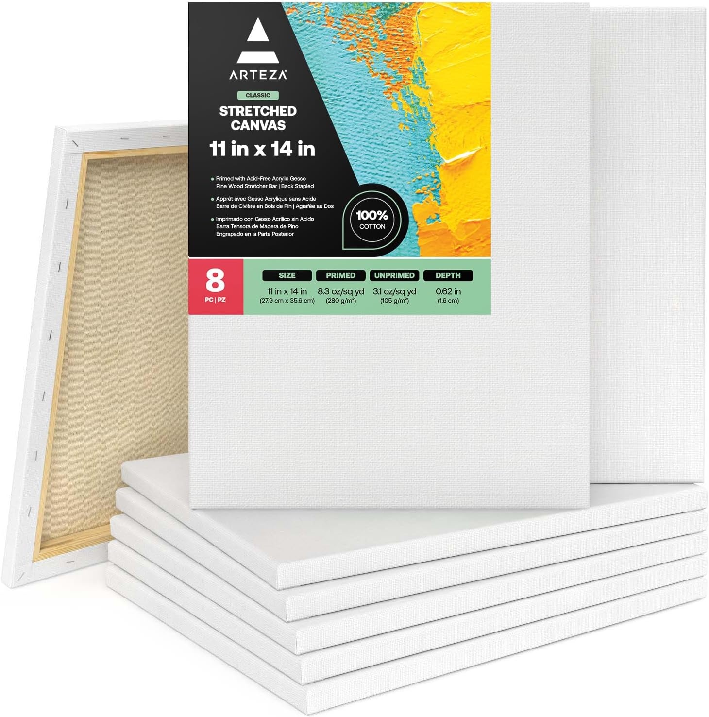 Arteza Paint Canvases for Painting, Pack of 12, 8 x 10 Inches, Blank White Stretched Canvas Bulk, 100% Cotton, 12.3 oz Gesso-Primed, Art Supplies for Adults and Teens, Acrylic Pouring and Oil Painting(White – Classic)