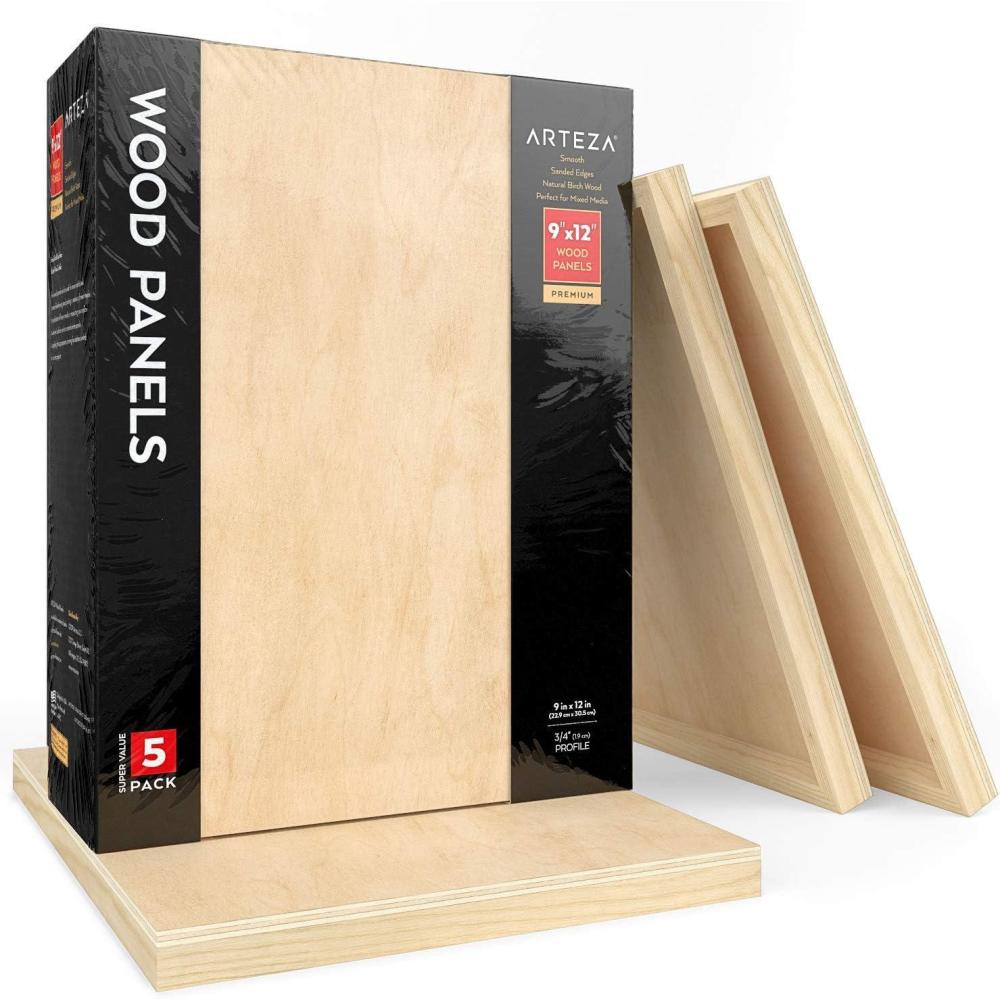 ARTEZA Wooden Canvas Board, 9×12 Inch, Pack of 5 | Cradled Birch Wood Panels for Painting, Acrylic Pouring, Encaustic Art & Wood Burning(9×12 Inch)