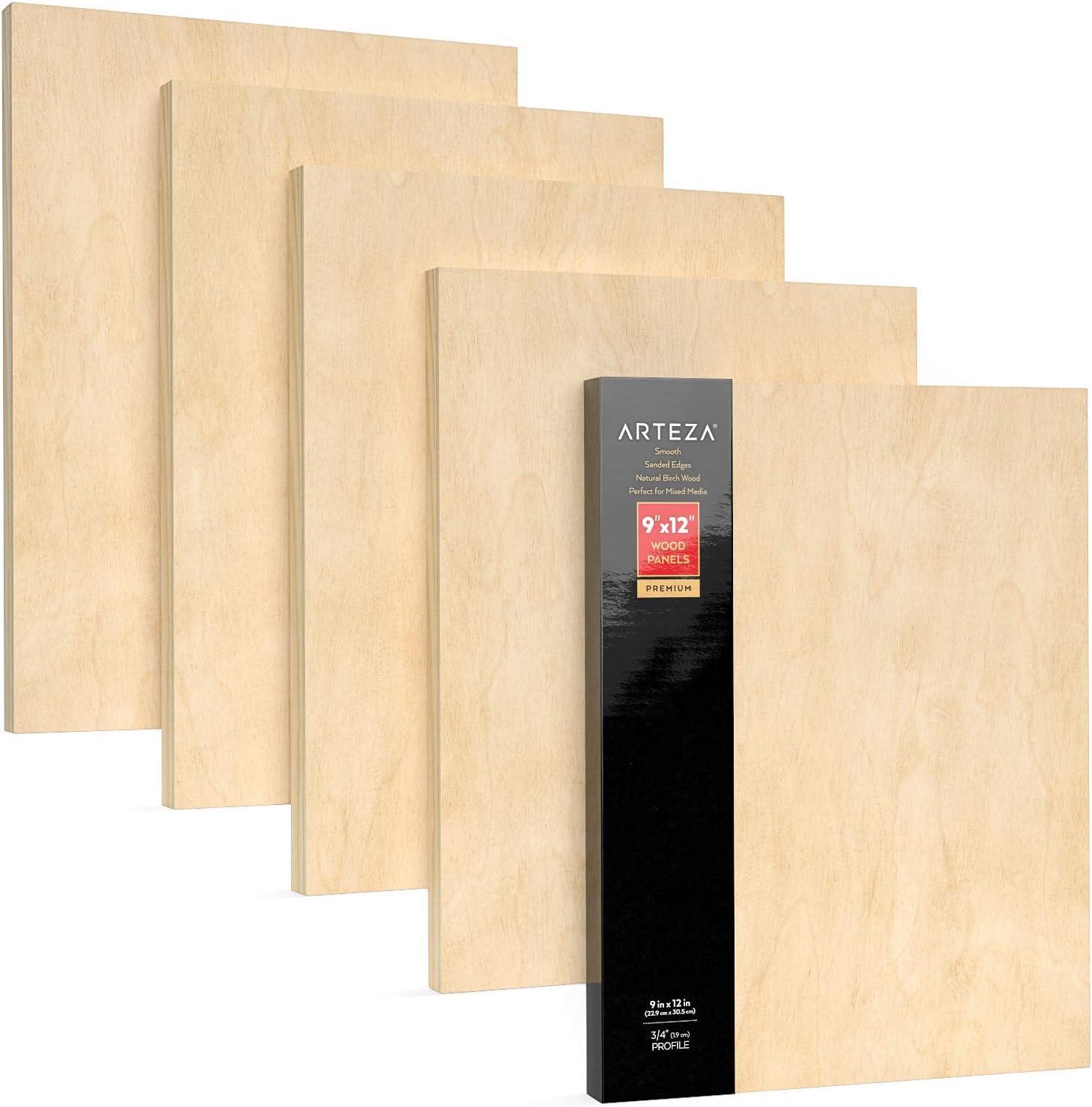 ARTEZA Wooden Canvas Board, 9×12 Inch, Pack of 5 | Cradled Birch Wood Panels for Painting, Acrylic Pouring, Encaustic Art & Wood Burning(9×12 Inch)