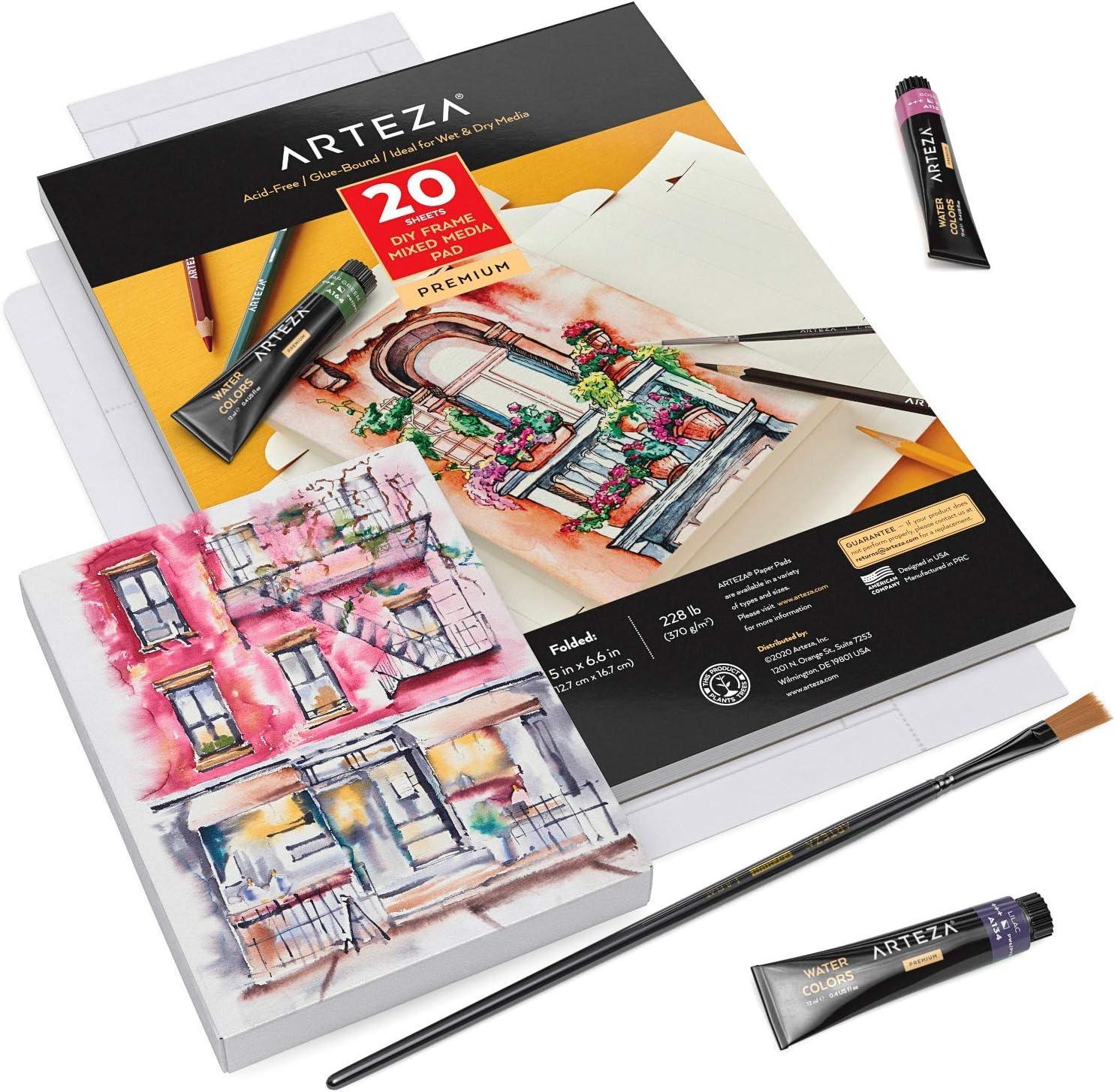 ARTEZA Mixed Media Paper Foldable Canvas Pad, 5×6.6 Inches, 20 Sheets, DIY Frame(Mixed Media Paper)