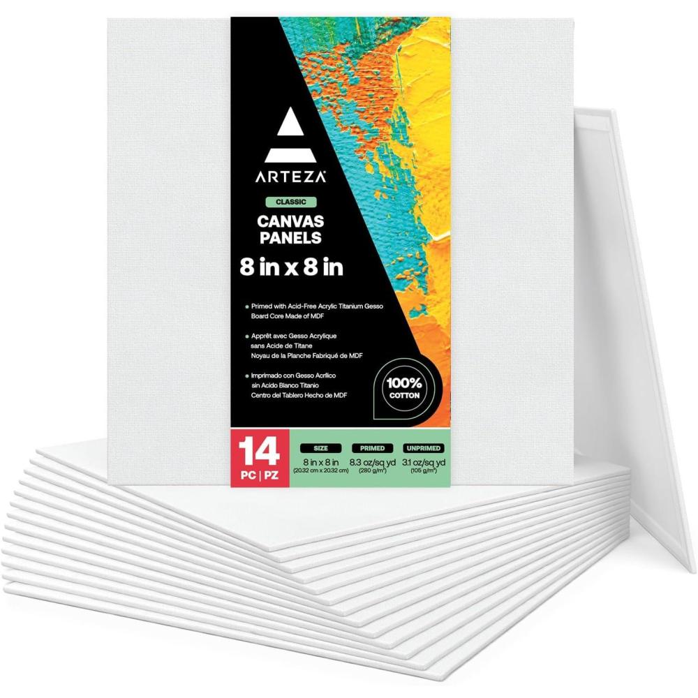 ARTEZA Canvas Boards for Painting, 5 x 7 Inches, Pack of 14, Blank White Small Canvas Panels for Acrylic, Oil and Gouache Painting(8″x8″)