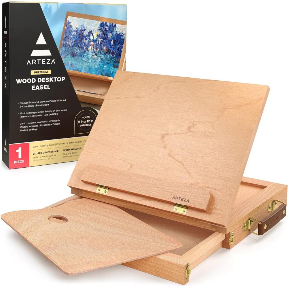 ARTEZA Tabletop Easel 13.4×10.3×2 Inches, Portable Beechwood Easel Box with Drawer & Palette for Artists(13.4 x 10.3 with 3-Compartment Drawer)