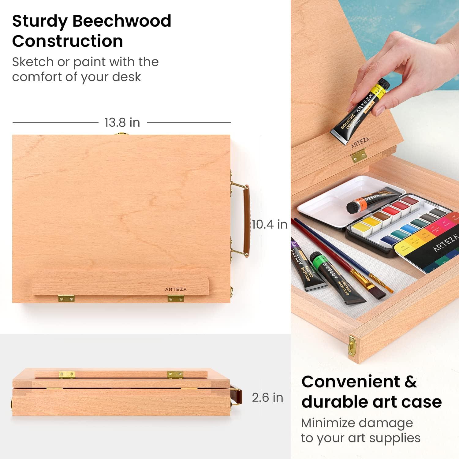 ARTEZA Tabletop Easel 13.4×10.3×2 Inches, Portable Beechwood Easel Box with Drawer & Palette for Artists(13.4 x 10.3 with 3-Compartment Drawer)