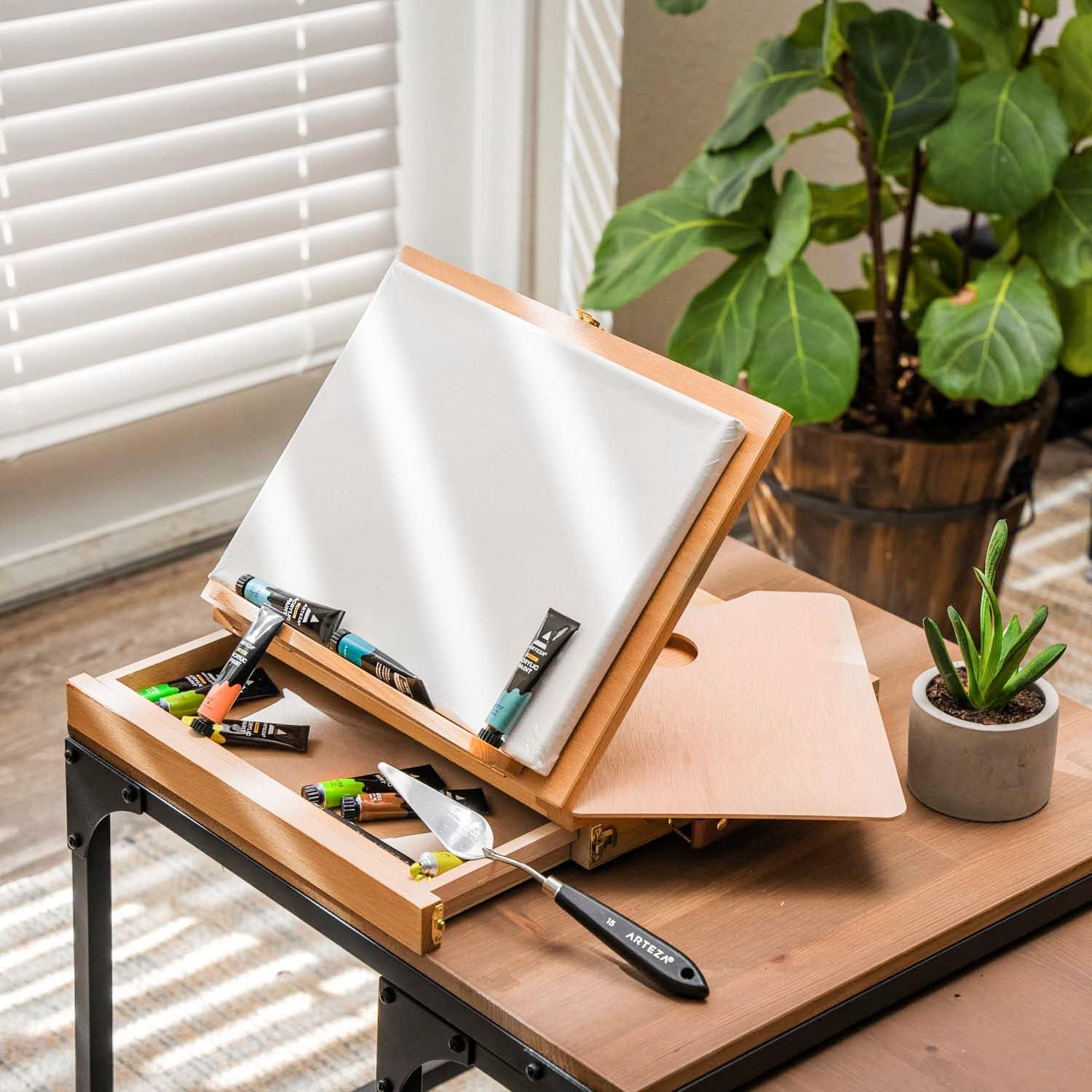 ARTEZA Tabletop Easel 13.4×10.3×2 Inches, Portable Beechwood Easel Box with Drawer & Palette for Artists(13.4 x 10.3 with 3-Compartment Drawer)