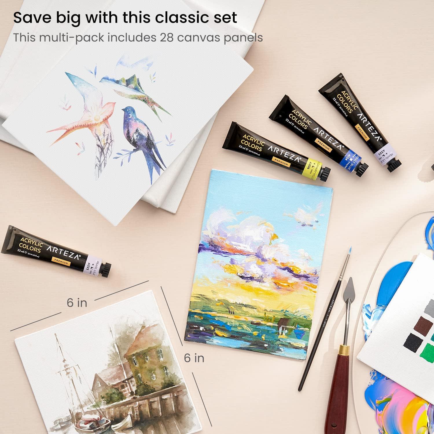ARTEZA Canvas Boards for Painting, 8 x 10 Inches, Pack of 28, Blank White Canvas Panels for Acrylic, Oil and Gouache Painting(6 x 6 (Pack of 28))