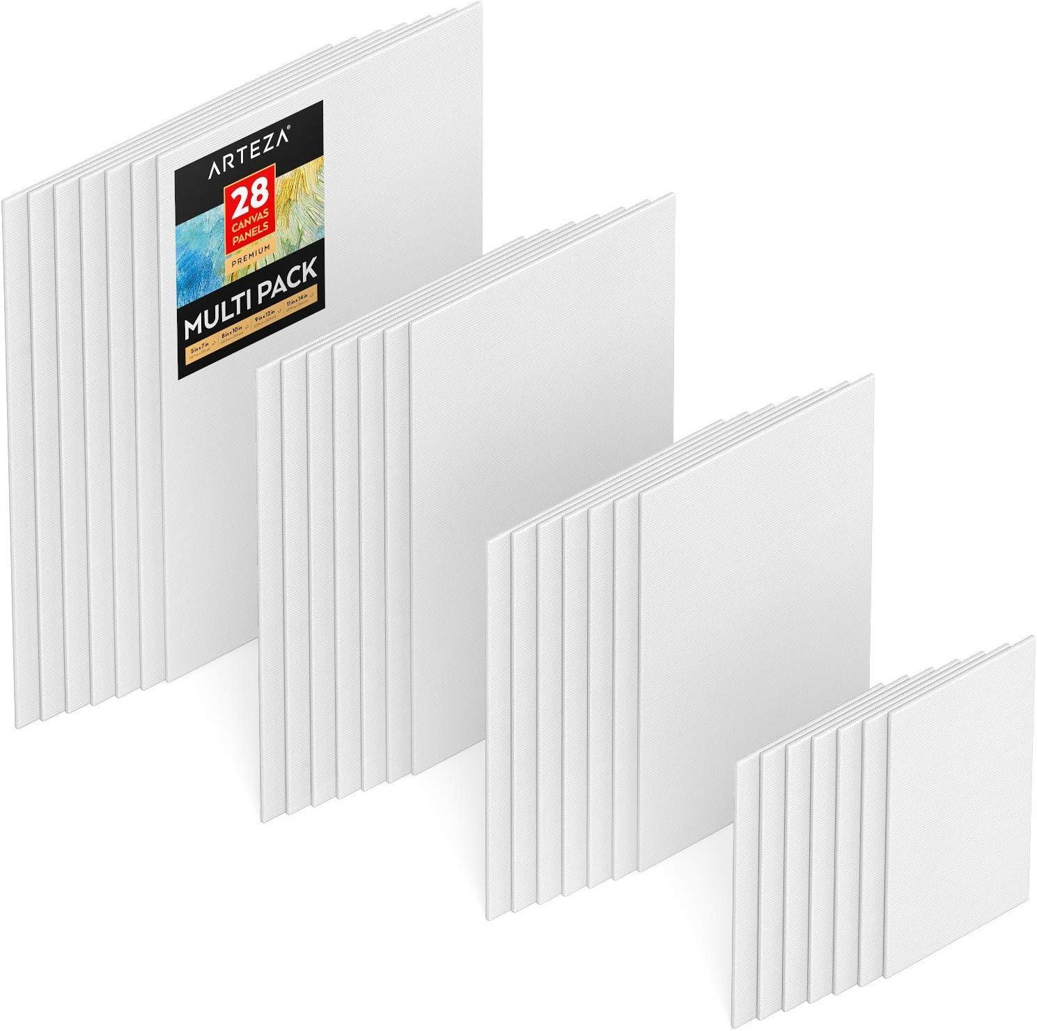 ARTEZA Canvas Boards for Painting, 5 x 7 Inches, Pack of 14, Blank White Small Canvas Panels for Acrylic, Oil and Gouache Painting(5 x 7  8 x 10  9 x 12  11 x 14 Inches)