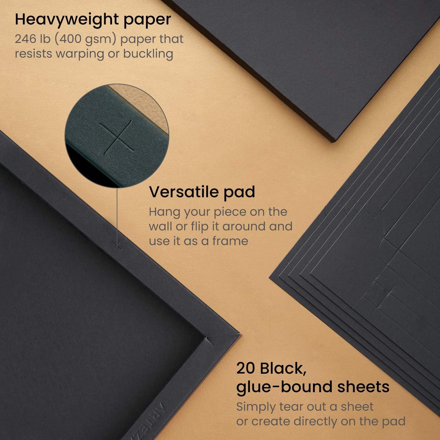 ARTEZA Mixed Media Paper Foldable Canvas Pad, 9.5×9.5 Inches, 20 Sheets, Black Paper