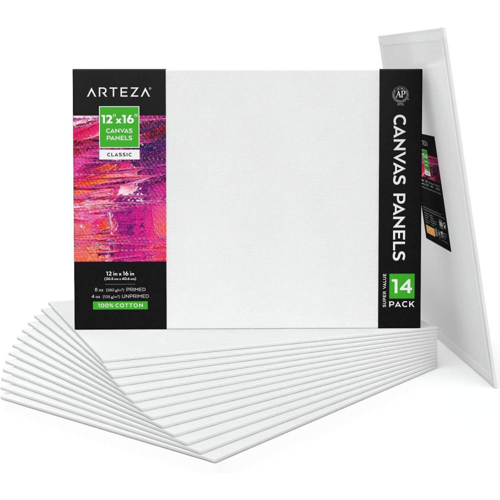 ARTEZA Canvas Boards for Painting, 5 x 7 Inches, Pack of 14, Blank White Small Canvas Panels for Acrylic, Oil and Gouache Painting(12″x16″)