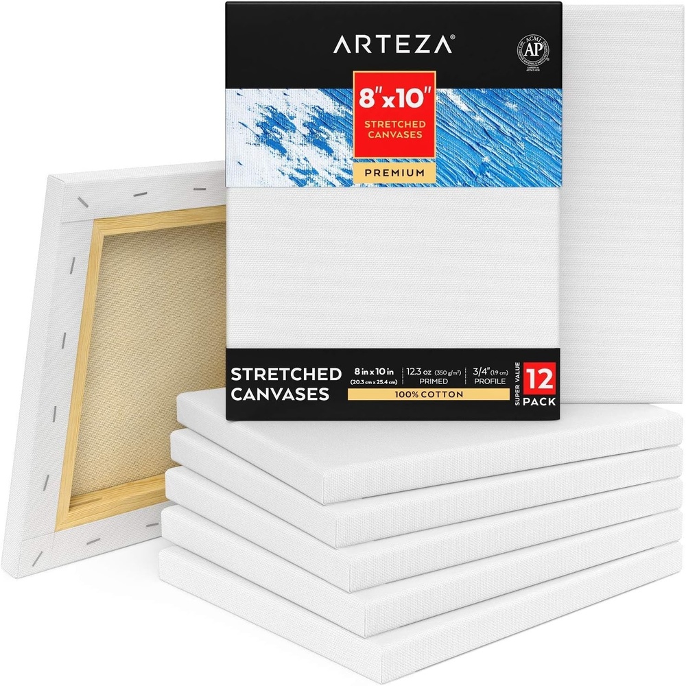 Arteza Paint Canvases for Painting, Pack of 12, 8 x 10 Inches, Blank White Stretched Canvas Bulk, 100% Cotton, 12.3 oz Gesso-Primed, Art Supplies for Adults and Teens, Acrylic Pouring and Oil Painting(White – Premium)