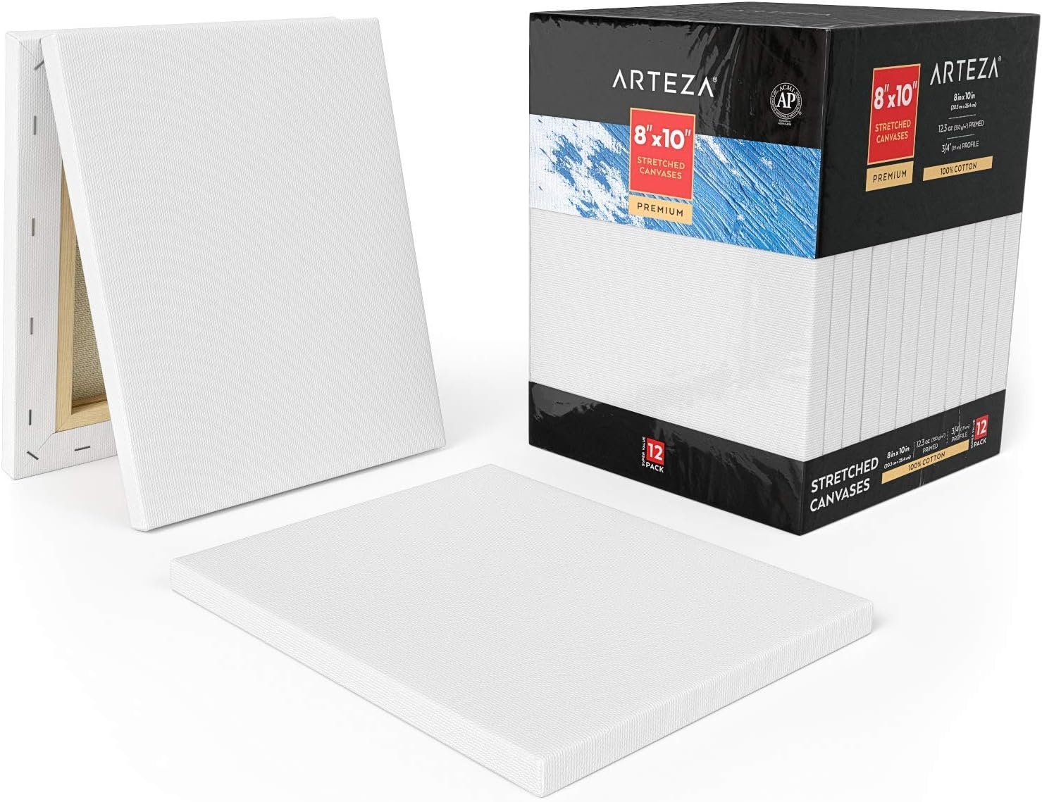 Arteza Paint Canvases for Painting, Pack of 12, 8 x 10 Inches, Blank White Stretched Canvas Bulk, 100% Cotton, 12.3 oz Gesso-Primed, Art Supplies for Adults and Teens, Acrylic Pouring and Oil Painting(White – Premium)