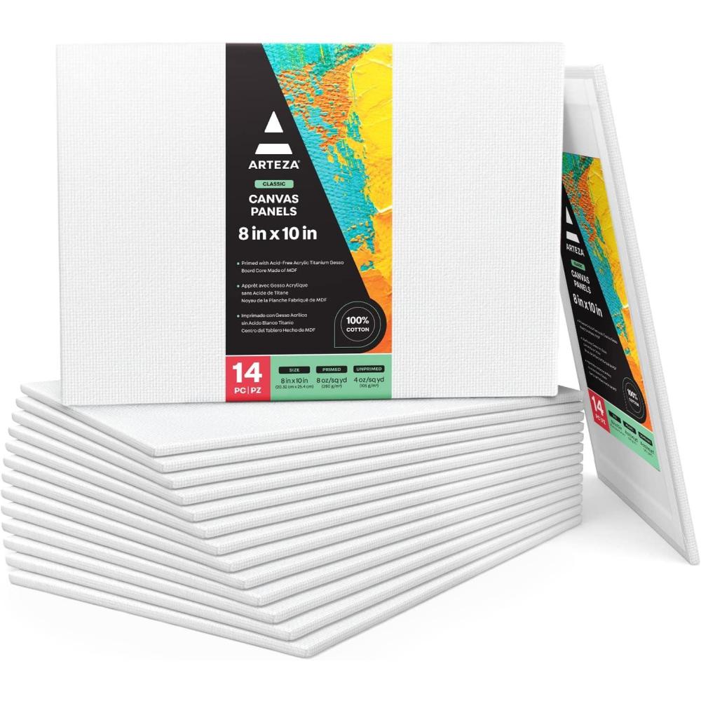 ARTEZA Canvas Boards for Painting, 5 x 7 Inches, Pack of 14, Blank White Small Canvas Panels for Acrylic, Oil and Gouache Painting(10″L x 8″W)