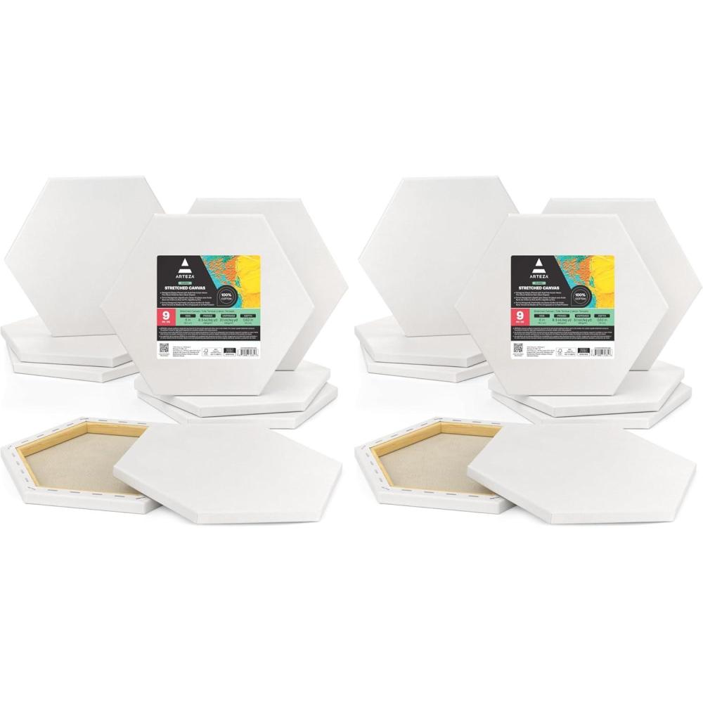ARTEZA Hexagonal Stretched Canvas, 6 Inch Side, Pack of 9, Blank White Canvas Boards for Acrylic, Oil and Gouache Painting(6 inch (Pack of 2))