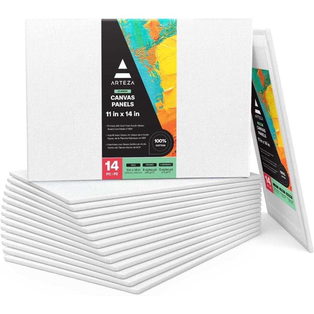 ARTEZA Canvas Boards for Painting, 5 x 7 Inches, Pack of 14, Blank White Small Canvas Panels for Acrylic, Oil and Gouache Painting(11 x 14 (Pack of 14))