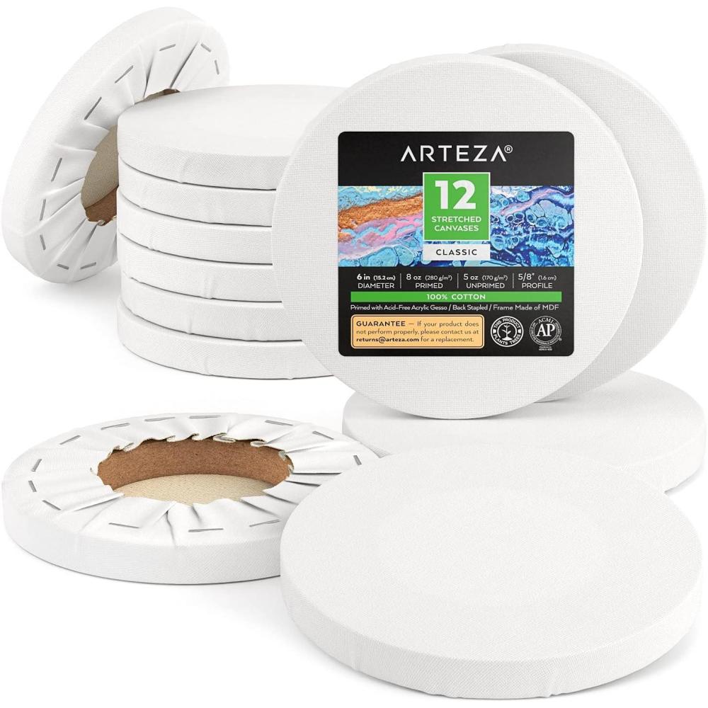ARTEZA Round Stretched Canvas, 8 Inch Diameter, Pack of 10, Blank White Canvas Boards for Acrylic, Oil and Gouache Painting(6 inch)